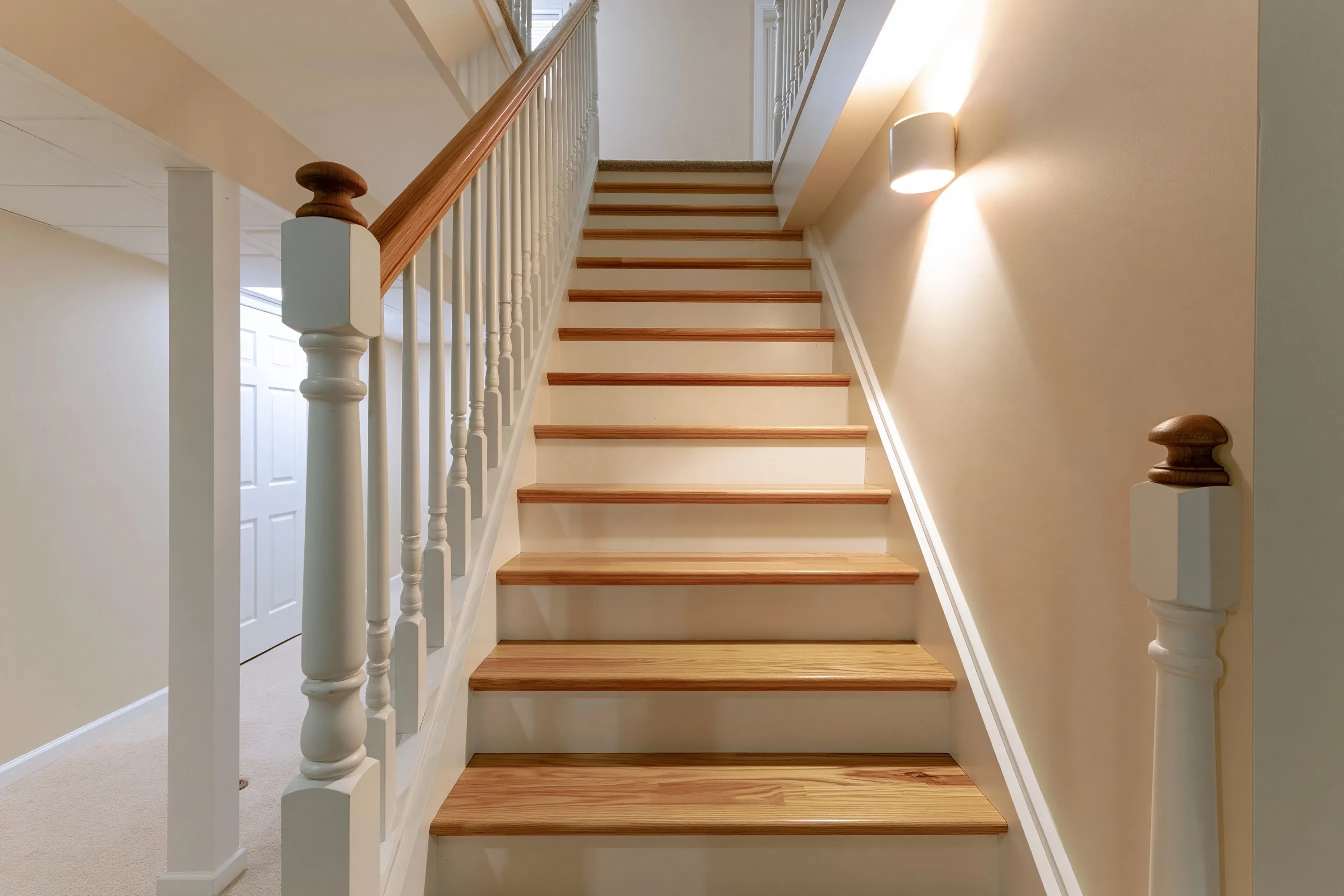 Straight basement stair with oak treads, white risers and balusters, a wood handrail, white newel posts, a wall sconce and a carpeted hall at the bottom