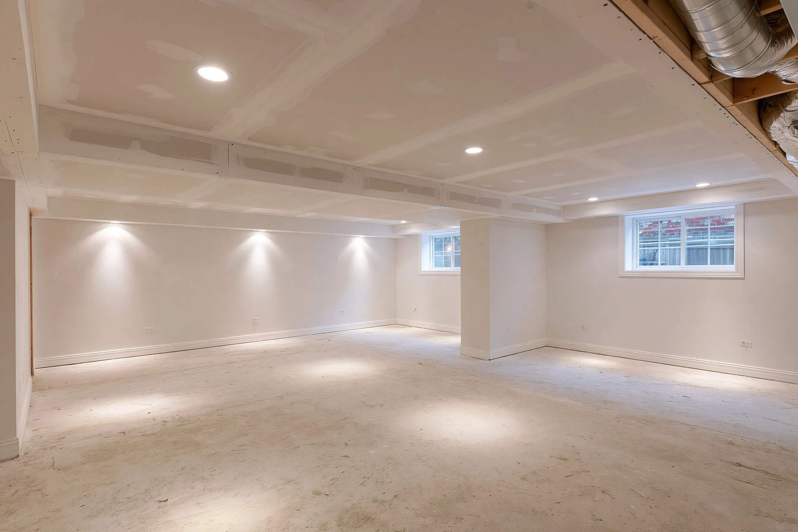 Basement ceiling with drywall hung and taped, recessed light cans cut in, a soffit around a duct and a partly finished primer coat