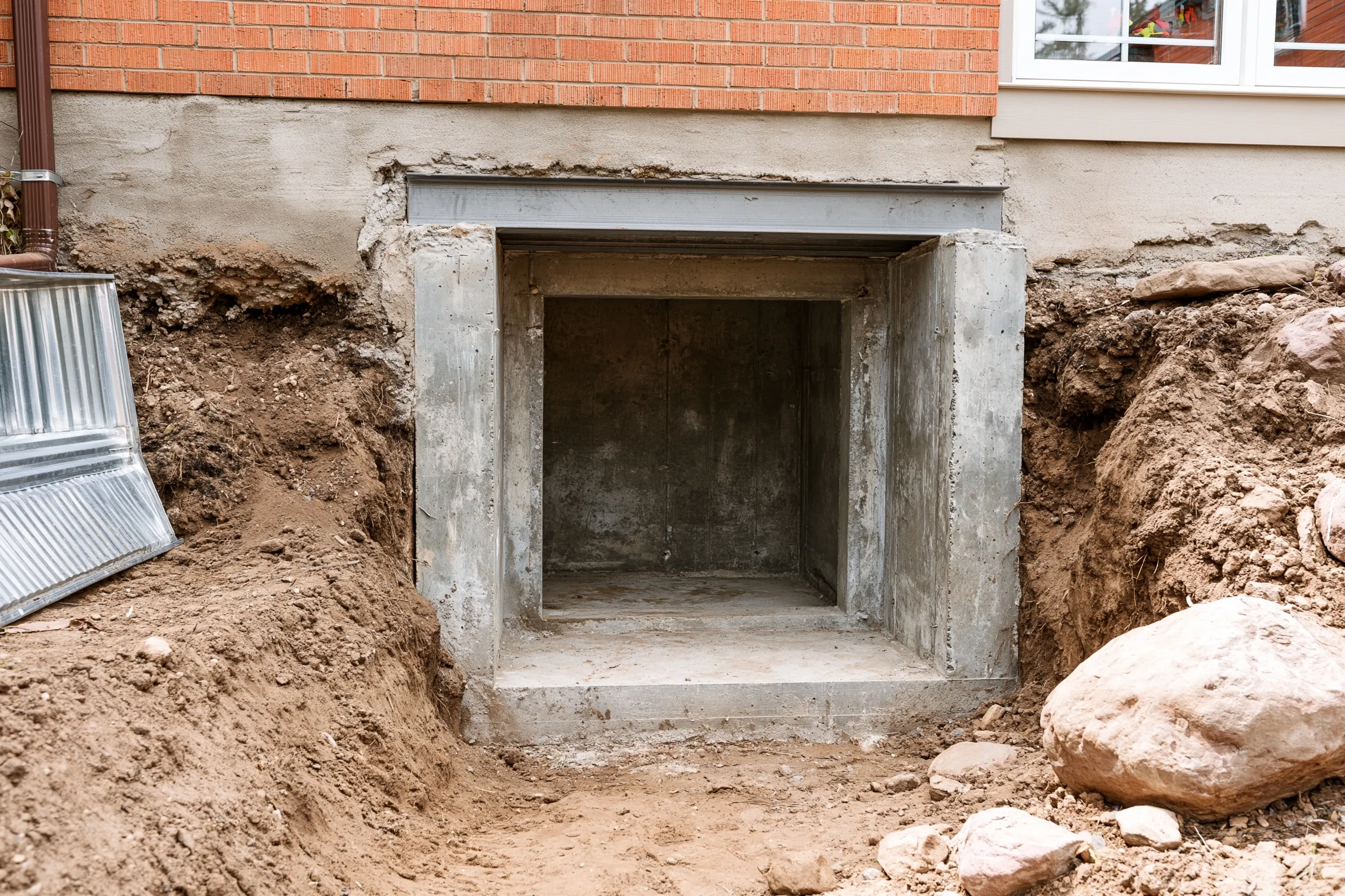 Freshly cut rectangular opening in a poured concrete foundation wall for an egress window, with a steel header above and an excavation beside it