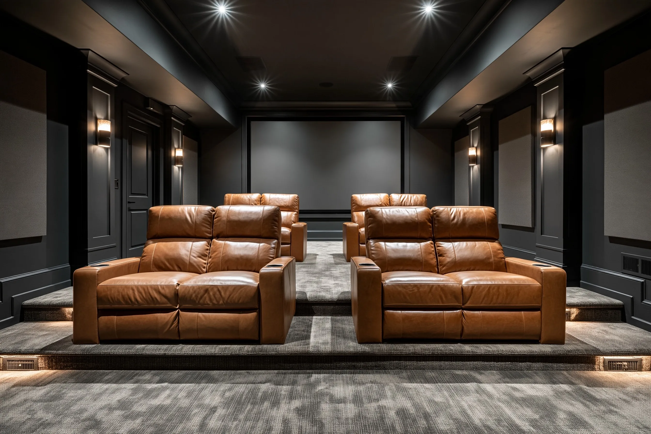 Basement home theater room with two tiers of recliners facing a blank projection wall, dark painted walls and acoustic panels